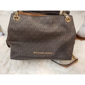 MK Michael Kors Brown Signature Leather Shoulder Bag Purse Gold Chain Link Strap